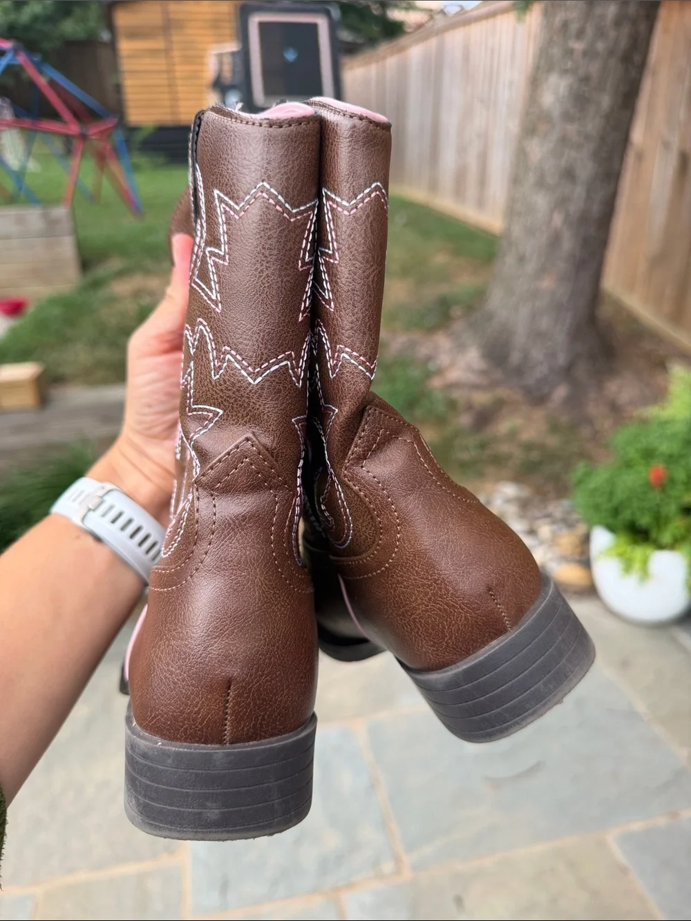 wonder nation Brown Western Kids Cowboy Boots with Pink Trim